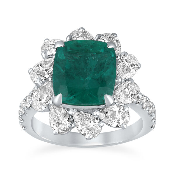 Emerald Cushion-Cut Ring with Diamonds in White Gold